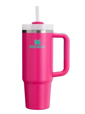 Stanley Hot Pink Travel Tumbler with White Lid and Turquoise Logo